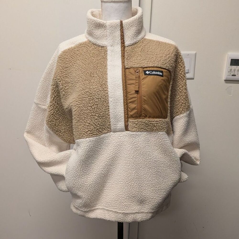 Columbia Lodge High Pile Sherpa Fleece Pullover Colorblock Tan Jacket Women's XL